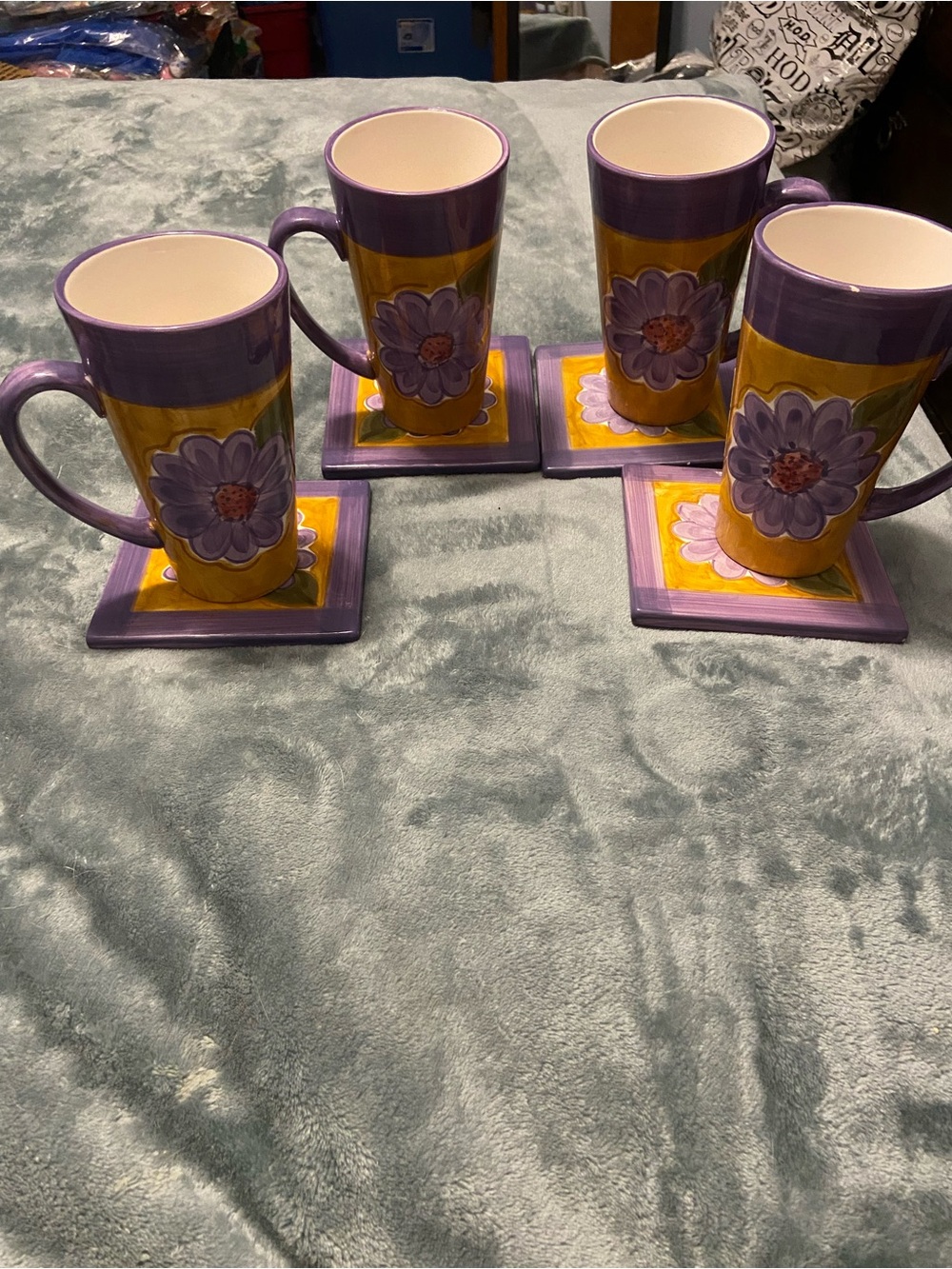 Classified Purple and Yellow Floral Ceramic Mug and Coaster Set - 4pc